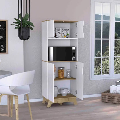 Microwave Tall Cabinet Counter Surface, Top And Lower Double Doors Cabinets -Light Oak / White