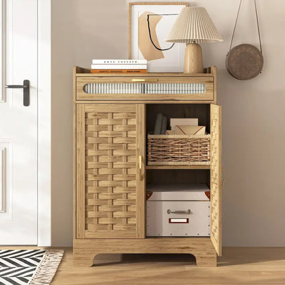 Coffee Bar Cabinet, Modern Farmhouse Buffet Sideboard with Drawer and Adjustable Shelf, Barn Door Storage Cabinet