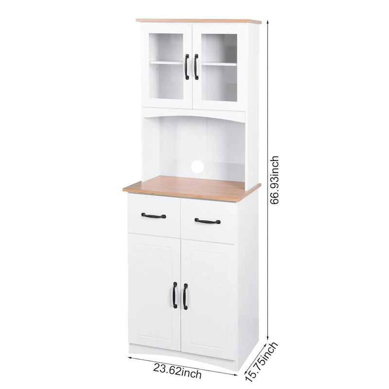 Wooden Kitchen Cabinet White Pantry Room Storage Microwave Cabinet with Framed Glass Doors and Drawer
