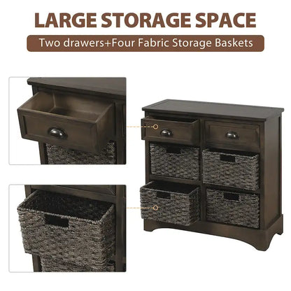 Rustic Storage Cabinet with Two Drawers and Four Classic Rattan Basket for Dining Room/Living Room