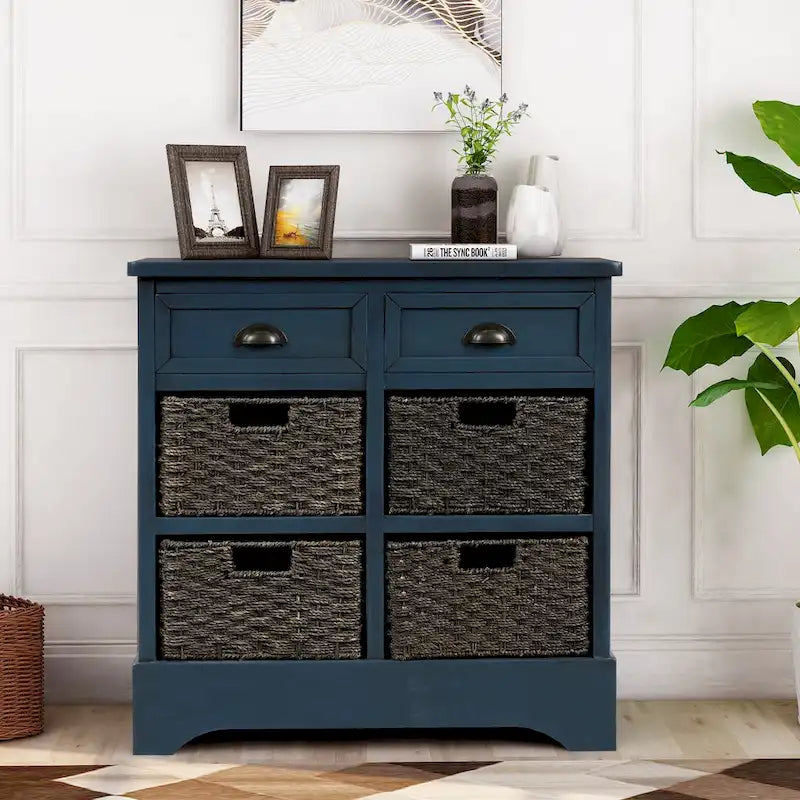 Rustic Storage Cabinet with Two Drawers and Four Classic Rattan Basket for Dining Room/Living Room
