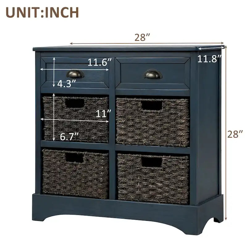 Rustic Storage Cabinet with Two Drawers and Four Classic Rattan Basket for Dining Room/Living Room