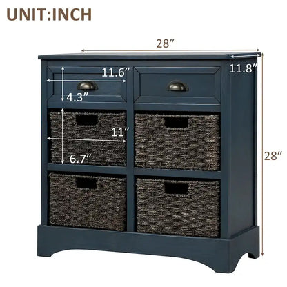 Rustic Storage Cabinet with Two Drawers and Four Classic Rattan Basket for Dining Room/Living Room