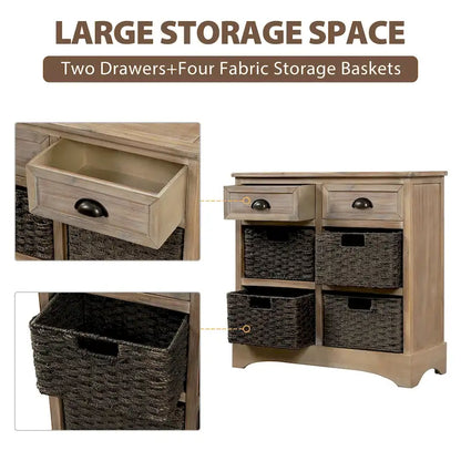 Rustic Storage Cabinet with Two Drawers and Four Classic Rattan Basket for Dining Room/Living Room