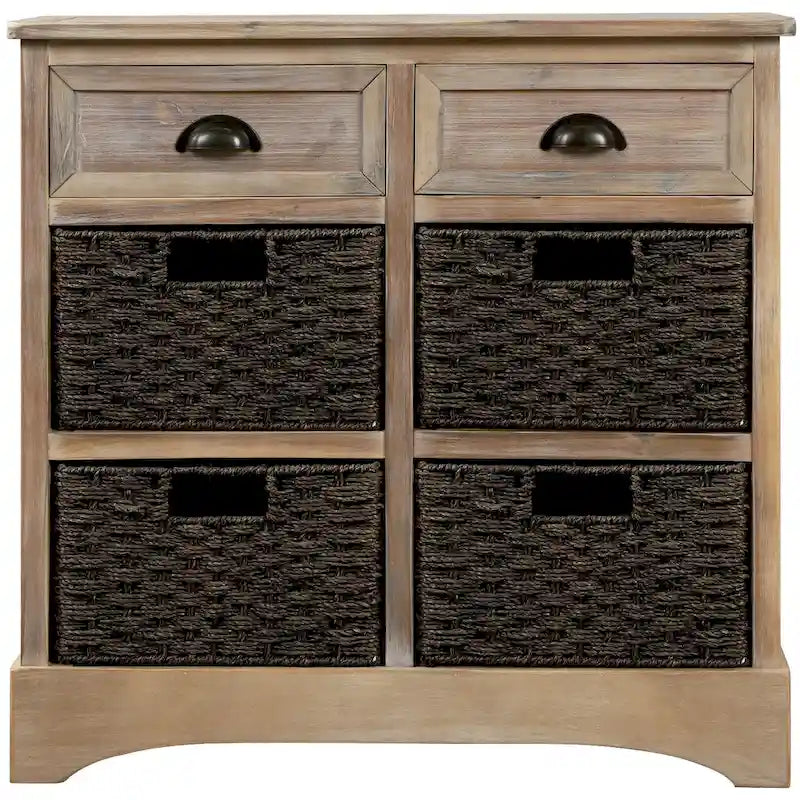 Rustic Storage Cabinet with Two Drawers and Four Classic Rattan Basket for Dining Room/Living Room