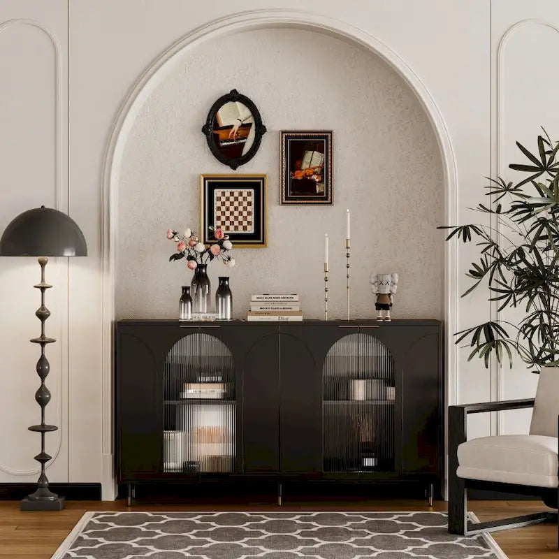 Accent Cabinet Lacquered Wooden Cabinet with 4 Glass Doors Sideboard Buffet Server Cabinet Storage Cabinet