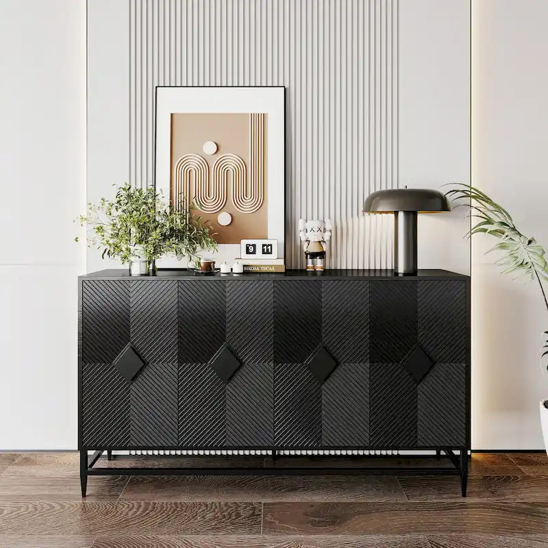 Accent Black Lacquered 4 Door Wooden Cabinet Sideboard Buffet Server Storage Cabinet, for Living Room,Office, Kitchen
