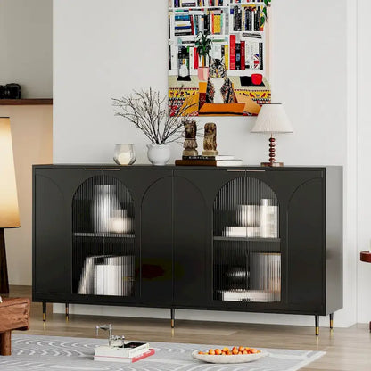 Accent Black Lacquered 4 Door Wooden Cabinet Sideboard Buffet Server Storage Cabinet, for Living Room,Office, Kitchen