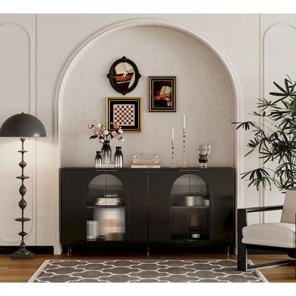 Accent Black Lacquered 4 Door Wooden Cabinet Sideboard Buffet Server Storage Cabinet, for Living Room,Office, Kitchen