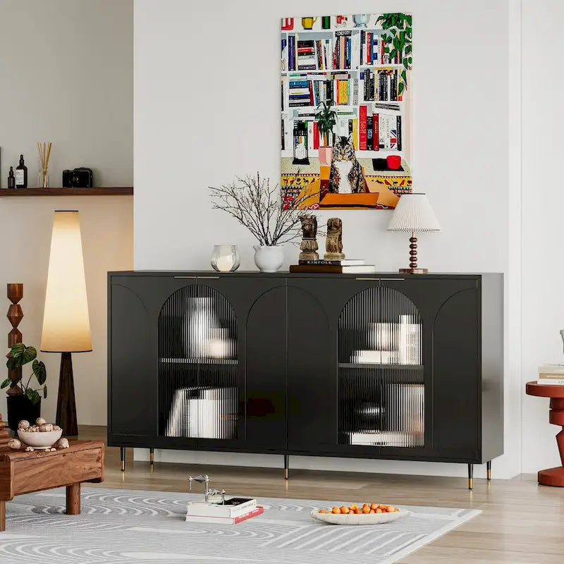 Accent Black Lacquered 4 Door Wooden Cabinet Sideboard Buffet Server Storage Cabinet, for Living Room,Office, Kitchen