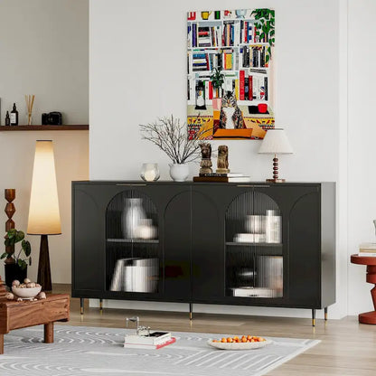 Accent Black Lacquered 4 Door Wooden Cabinet Sideboard Buffet Server Storage Cabinet, for Living Room,Office, Kitchen