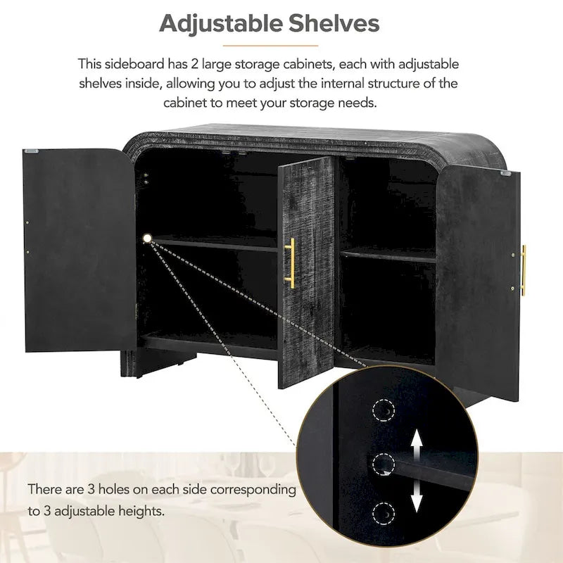 Retro Minimalist Curved Sideboard w/Gold Handles & Adjustable Dividers