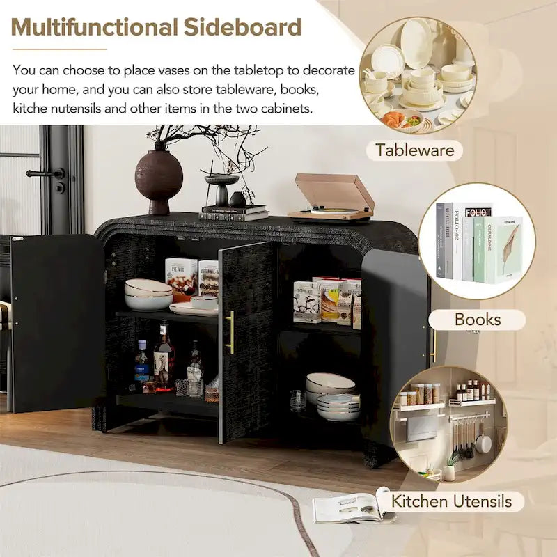 Retro Minimalist Curved Sideboard w/Gold Handles & Adjustable Dividers