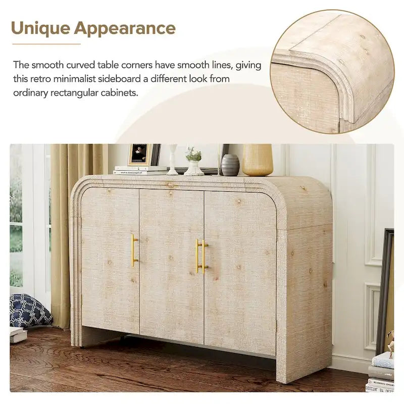 Retro Minimalist Curved Sideboard w/Gold Handles & Adjustable Dividers