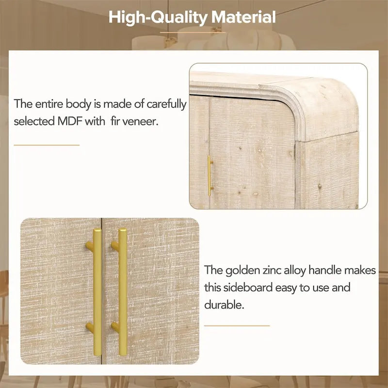 Retro Minimalist Curved Sideboard w/Gold Handles & Adjustable Dividers