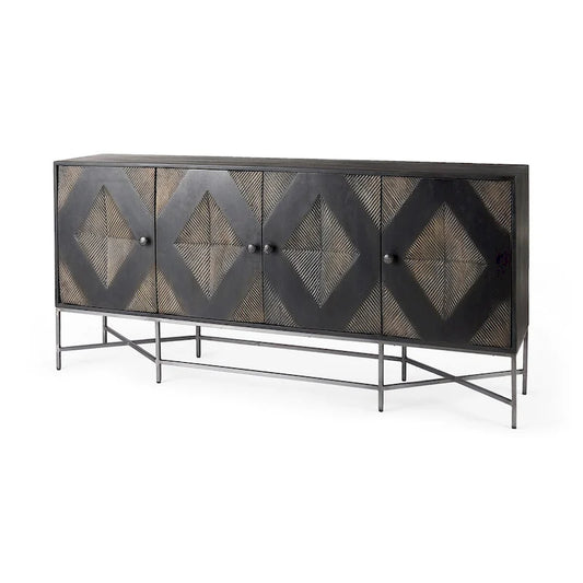 Hogarth I Two-Tone Brown Solid Wood Base Silver Frame 4 Cabinet Sideboard