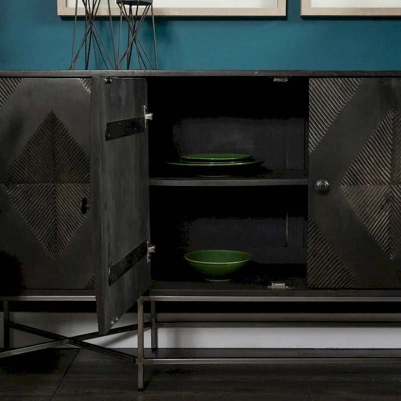 Hogarth I Two-Tone Brown Solid Wood Base Silver Frame 4 Cabinet Sideboard