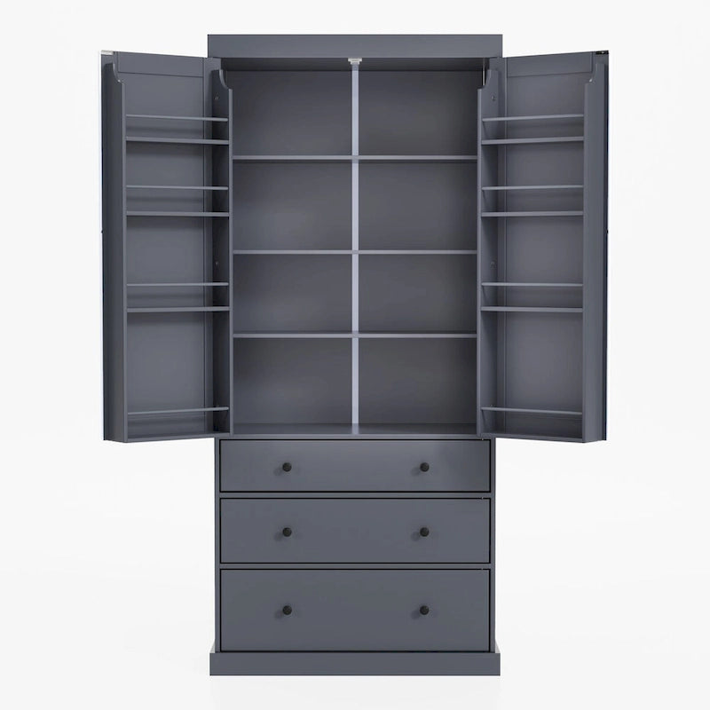 77inch Kitchen Pantry, Freestanding Tall Cupboard Storage Cabinet with 3 Adjustable Shelves,8 Door Shelves,3 Drawers for Kitchen