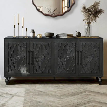 Vintage Carved Flower Door Cabinet With Adjustable Shelves
