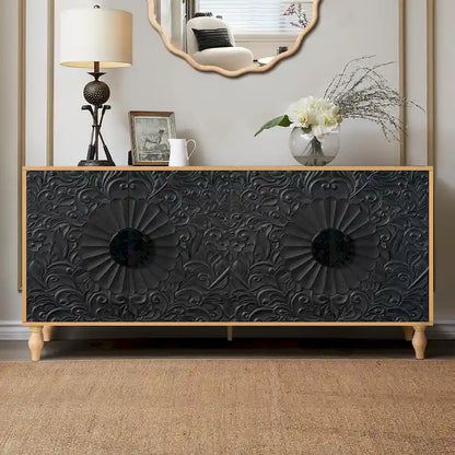 Vintage Carved Flower Door Cabinet With Adjustable Shelves