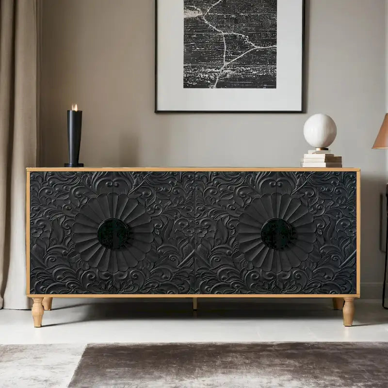 Carved Symmetrical Design Door And Wood Coloured Frame For TV Stand Table,Living Room ,Entryway