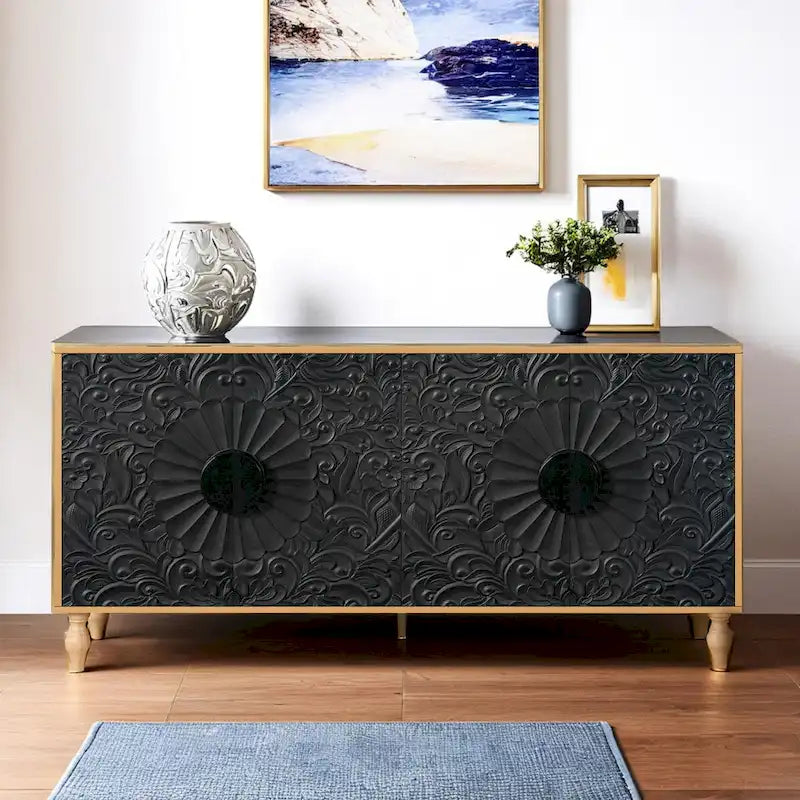 Carved Symmetrical Design Door And Wood Coloured Frame For TV Stand Table,Living Room ,Entryway