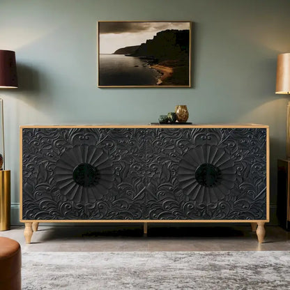 Carved Symmetrical Design Door And Wood Coloured Frame For TV Stand Table,Living Room ,Entryway