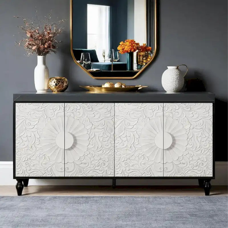 Carved Symmetrical Design Door And Wood Coloured Frame For TV Stand Table,Living Room ,Entryway