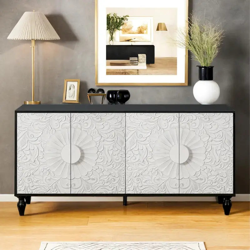 Carved Symmetrical Design Door And Wood Coloured Frame For TV Stand Table,Living Room ,Entryway