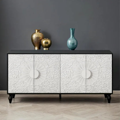 Carved Symmetrical Design Door And Wood Coloured Frame For TV Stand Table,Living Room ,Entryway