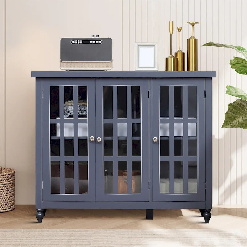 Stylish Minimalist Wooden Sideboard with Three Glass Cabinet Doors