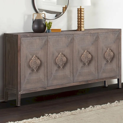 Antique Four Door Cabinet withCarved Flower Door Handle