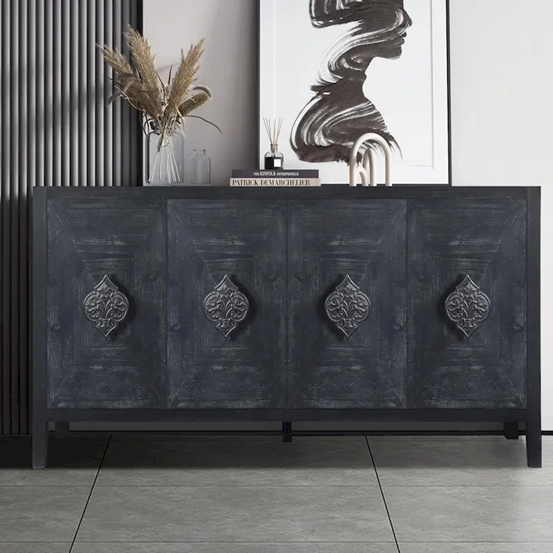 Antique Four Door Cabinet withCarved Flower Door Handle