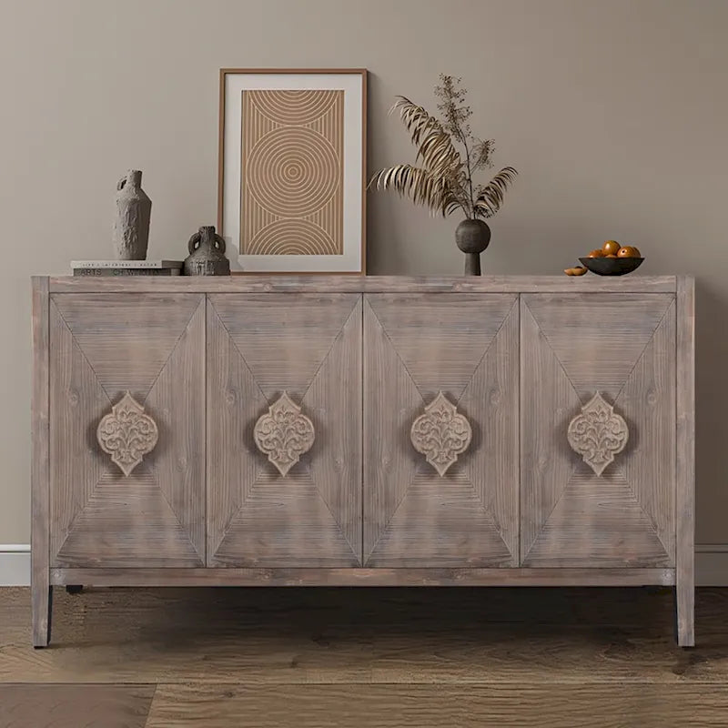 Antique Four Door Cabinet withCarved Flower Door Handle