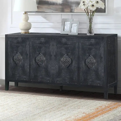 Antique Four Door Cabinet withCarved Flower Door Handle