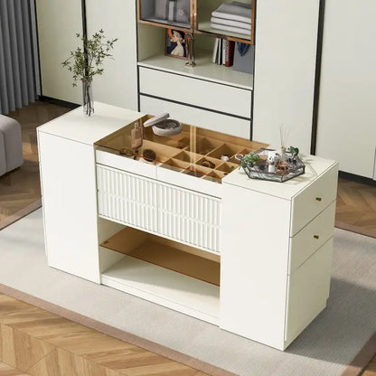 Multi-Functional Island Vanity Dresser and Storage Cabinet with Glass Tabletop, Display Shelf,6 Drawers