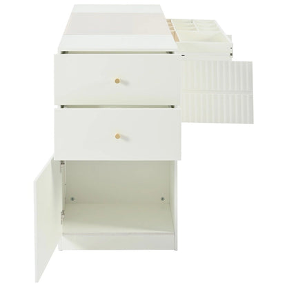 Multi-Functional Island Vanity Dresser and Storage Cabinet with Glass Tabletop, Display Shelf,6 Drawers