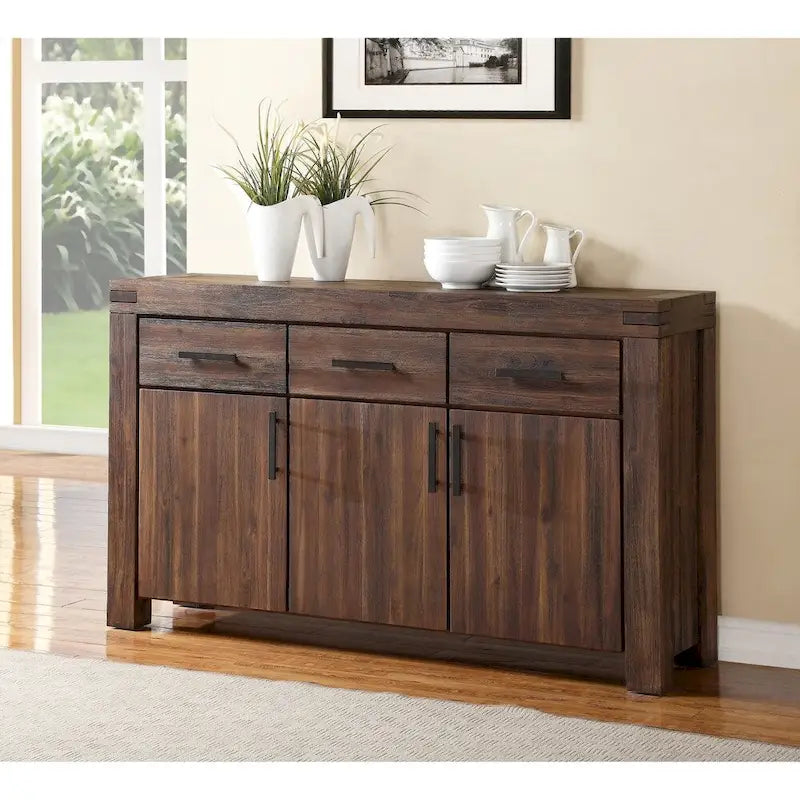 Three Drawers Solid Acacia Wood Sideboard with Three Door Cabinets, Brick Brown