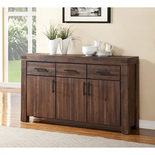 Three Drawers Solid Acacia Wood Sideboard with Three Door Cabinets, Brick Brown