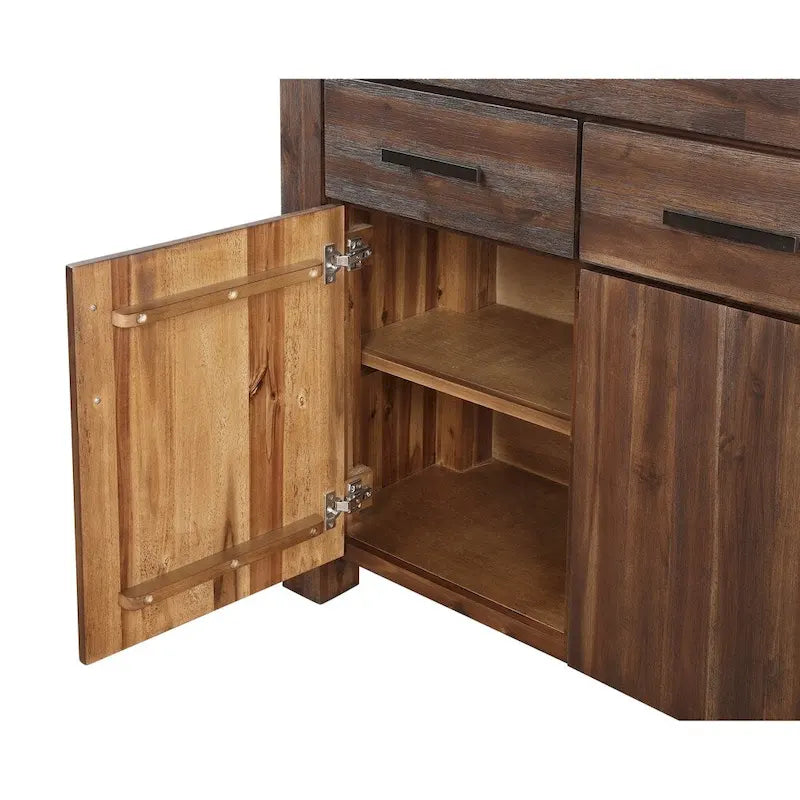 Three Drawers Solid Acacia Wood Sideboard with Three Door Cabinets, Brick Brown