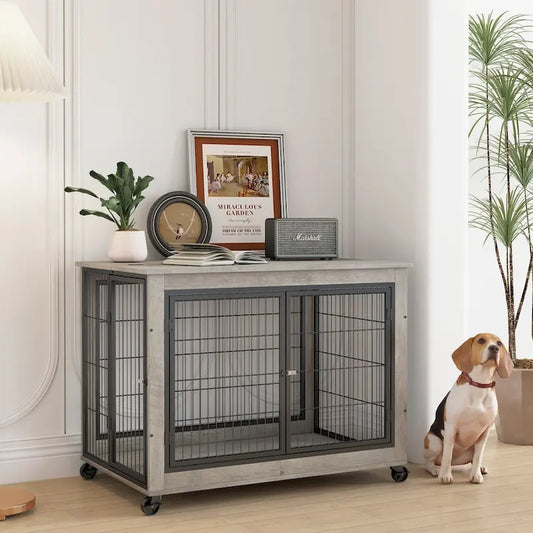 Furniture Style Dog Crate Side Table on Wheels with Double Doors and Lift Top,Grey,38.58w x 25.5d x 27.36h