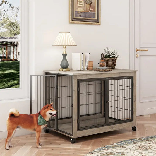 Furniture Style Dog Crate Side Table on Wheels with Double Doors and Lift Top,Grey,38.58w x 25.5d x 27.36h