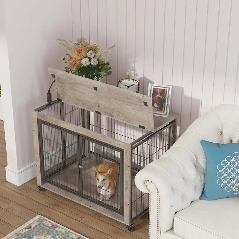 Furniture Style Dog Crate Side Table on Wheels with Double Doors and Lift Top,Grey,38.58w x 25.5d x 27.36h