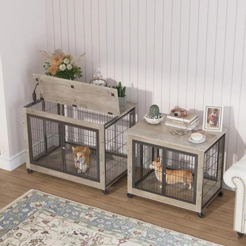 Furniture Style Dog Crate Side Table on Wheels with Double Doors and Lift Top,Grey,38.58w x 25.5d x 27.36h