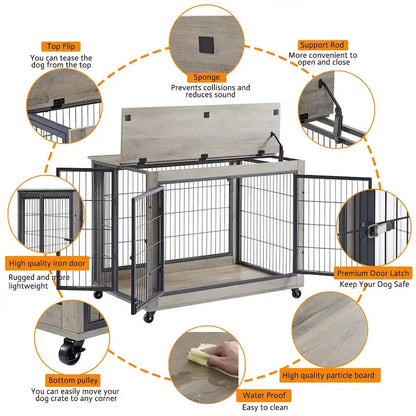 Furniture Style Dog Crate Side Table on Wheels with Double Doors and Lift Top,Grey,38.58w x 25.5d x 27.36h