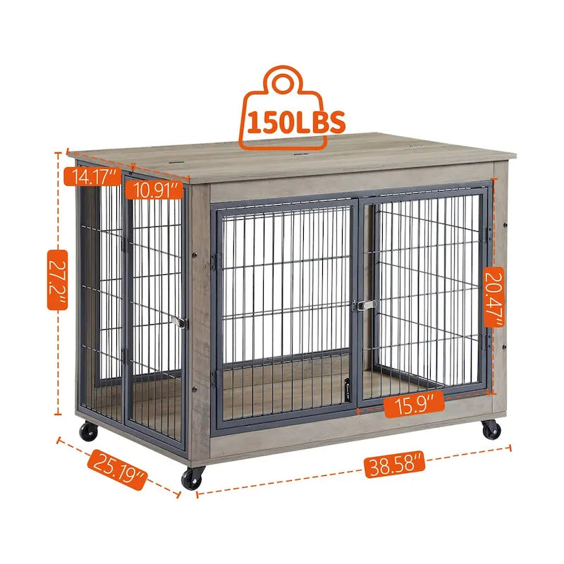 Furniture Style Dog Crate Side Table on Wheels with Double Doors and Lift Top,Grey,38.58w x 25.5d x 27.36h