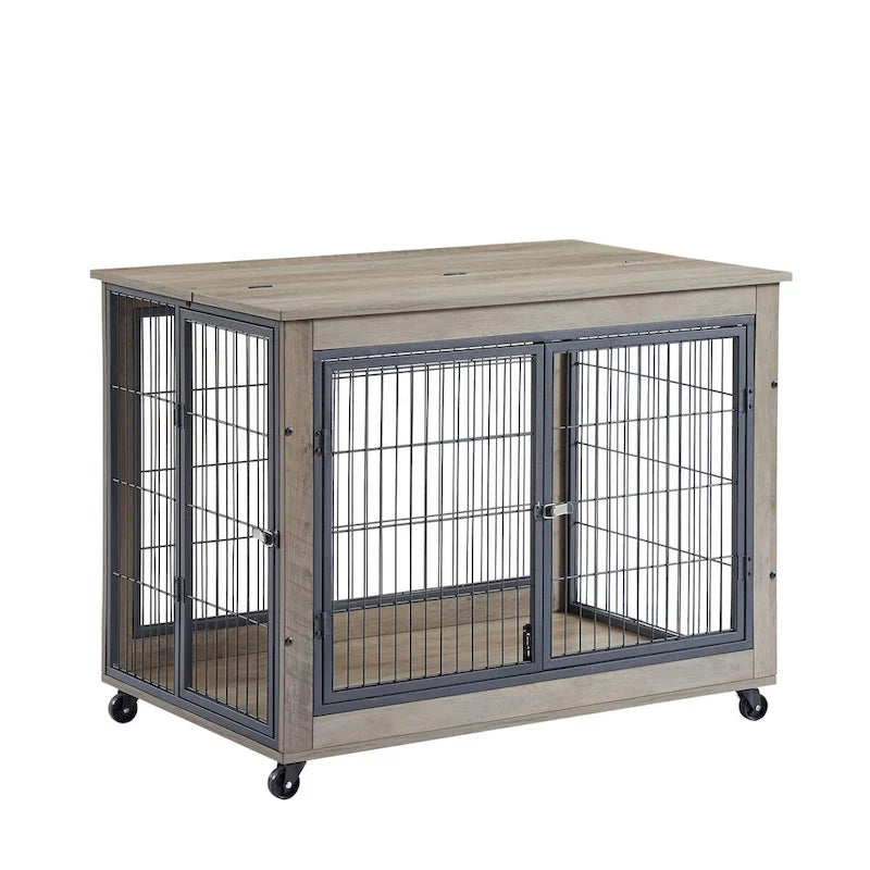 Furniture Style Dog Crate Side Table on Wheels with Double Doors and Lift Top,Grey,38.58w x 25.5d x 27.36h