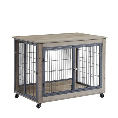 Furniture Style Dog Crate Side Table on Wheels with Double Doors and Lift Top,Grey,38.58w x 25.5d x 27.36h