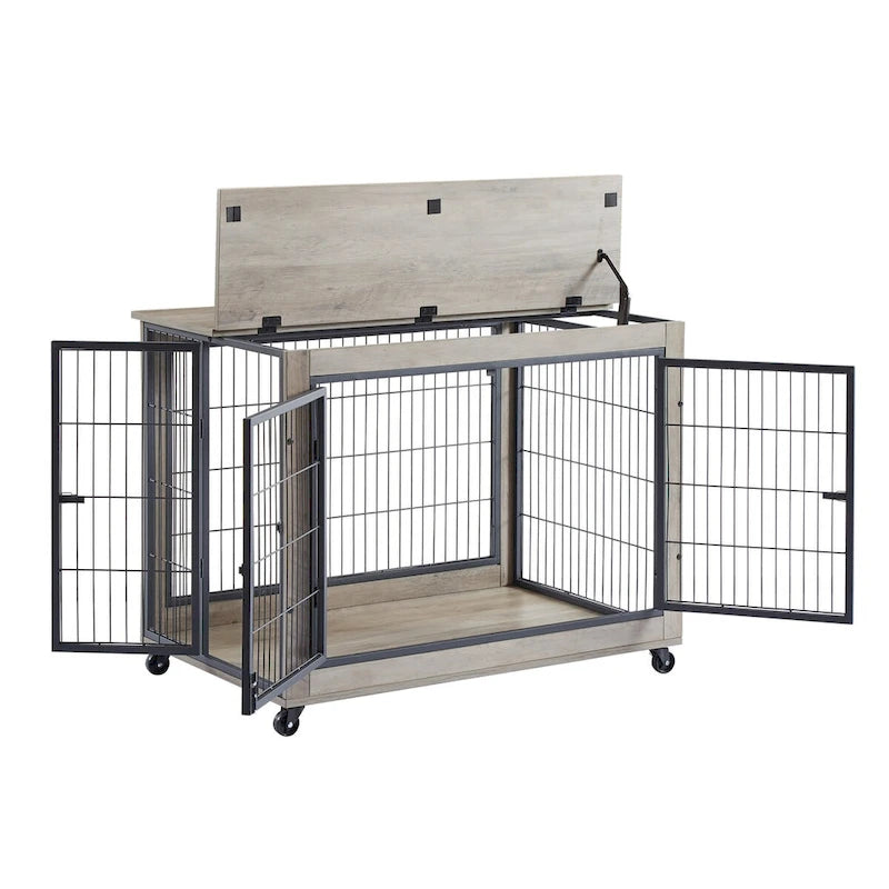 Furniture Style Dog Crate Side Table on Wheels with Double Doors and Lift Top,Grey,38.58w x 25.5d x 27.36h