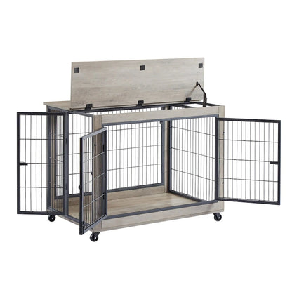 Furniture Style Dog Crate Side Table on Wheels with Double Doors and Lift Top,Grey,38.58w x 25.5d x 27.36h